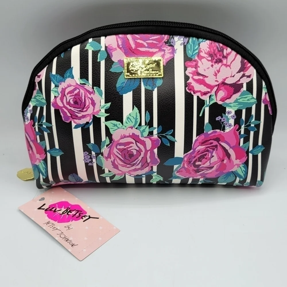 Betsy Johnson Luv Betsey Stripe Rose Dome Cosmetic Travel Makeup Bag